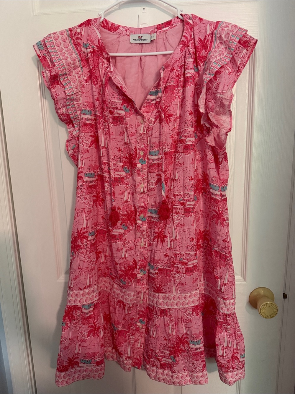 Vineyard Vines Pink Printed Ruffle-Trim Midi Dress